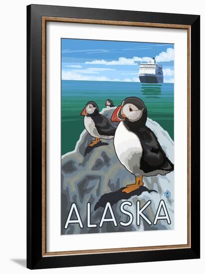 Puffins Watching a Cruise Ship, Alaska-Lantern Press-Framed Art Print