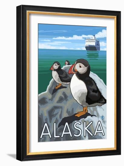 Puffins Watching a Cruise Ship, Alaska-Lantern Press-Framed Art Print