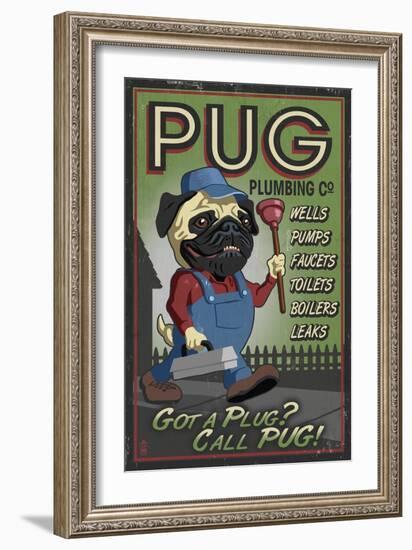 Pug - Retro Plumbing Ad-Lantern Press-Framed Art Print