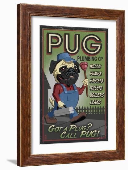 Pug - Retro Plumbing Ad-Lantern Press-Framed Art Print