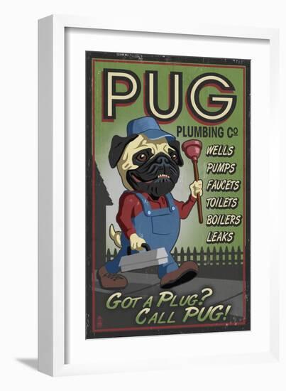 Pug - Retro Plumbing Ad-Lantern Press-Framed Art Print