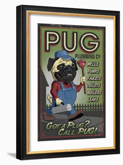 Pug - Retro Plumbing Ad-Lantern Press-Framed Art Print