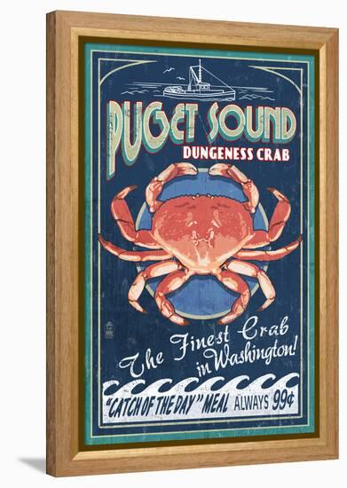 Puget Sound, Washington - Dungeness Crab Vintage Sign-Lantern Press-Framed Stretched Canvas