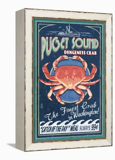 Puget Sound, Washington - Dungeness Crab Vintage Sign-Lantern Press-Framed Stretched Canvas
