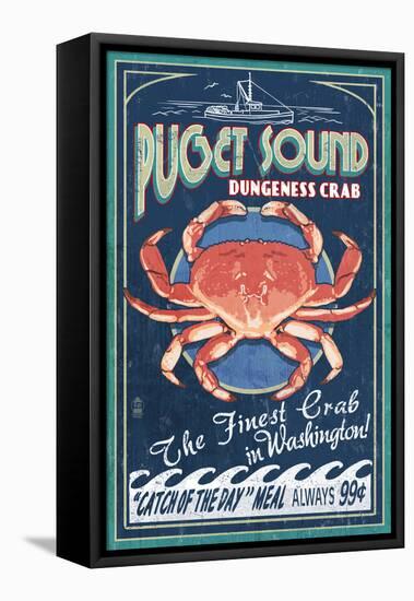 Puget Sound, Washington - Dungeness Crab Vintage Sign-Lantern Press-Framed Stretched Canvas