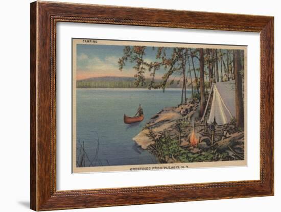 Pulaski, NY View of Canoe, Camping, Tent, Lake - Pulaski, NY-Lantern Press-Framed Art Print