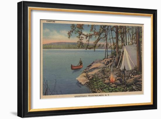 Pulaski, NY View of Canoe, Camping, Tent, Lake - Pulaski, NY-Lantern Press-Framed Art Print