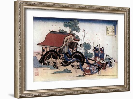 Pulling a Three-Wheeled Carriage, Japanese Woodcut, C1780-1849-Katsushika Hokusai-Framed Giclee Print