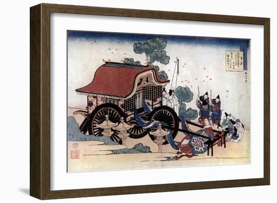 Pulling a Three-Wheeled Carriage, Japanese Woodcut, C1780-1849-Katsushika Hokusai-Framed Giclee Print