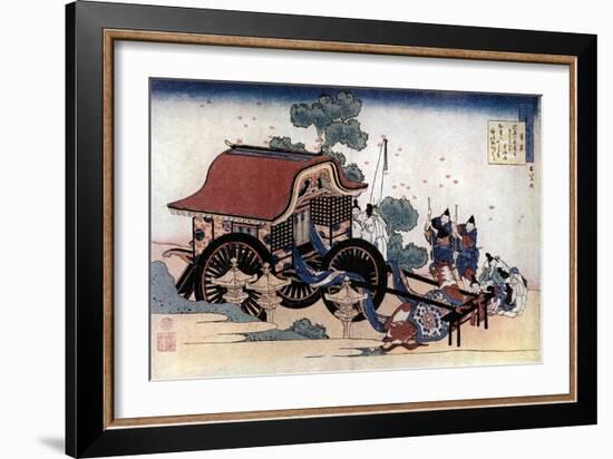 Pulling a Three-Wheeled Carriage, Japanese Woodcut, C1780-1849-Katsushika Hokusai-Framed Giclee Print