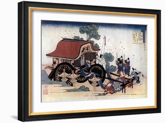 Pulling a Three-Wheeled Carriage, Japanese Woodcut, C1780-1849-Katsushika Hokusai-Framed Giclee Print