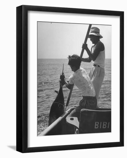 Pulling Quickly, the Beaten Fish Is Taken Aboard the Boat by Gloved Crew Member-null-Framed Photographic Print