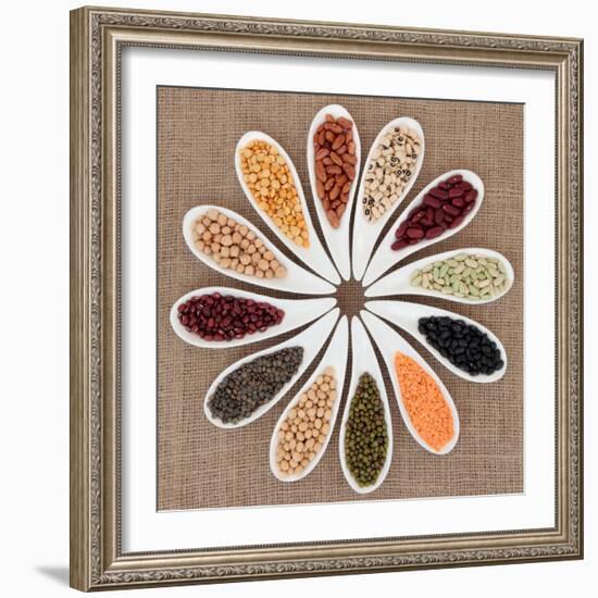 Pulses Vegetable Selection of Peas, Beans and Lentils in White Porcelain Bowls-marilyna-Framed Photographic Print