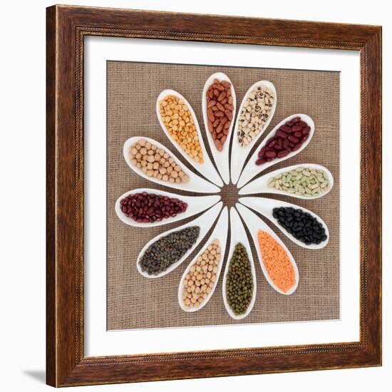 Pulses Vegetable Selection of Peas, Beans and Lentils in White Porcelain Bowls-marilyna-Framed Photographic Print