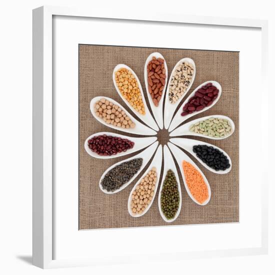 Pulses Vegetable Selection of Peas, Beans and Lentils in White Porcelain Bowls-marilyna-Framed Photographic Print