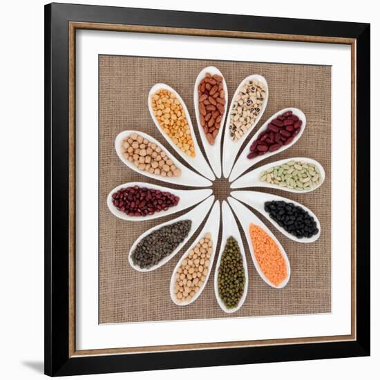 Pulses Vegetable Selection of Peas, Beans and Lentils in White Porcelain Bowls-marilyna-Framed Photographic Print