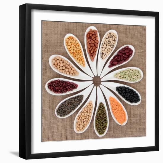 Pulses Vegetable Selection of Peas, Beans and Lentils in White Porcelain Bowls-marilyna-Framed Photographic Print