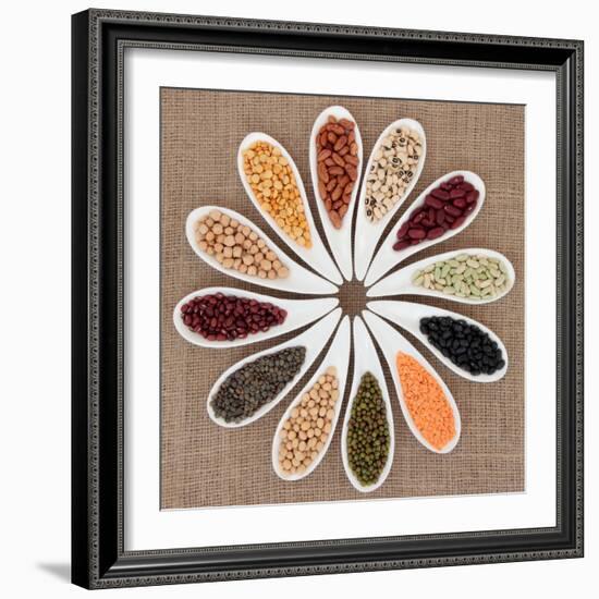 Pulses Vegetable Selection of Peas, Beans and Lentils in White Porcelain Bowls-marilyna-Framed Photographic Print