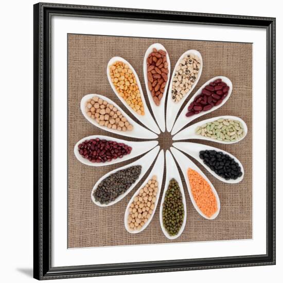 Pulses Vegetable Selection of Peas, Beans and Lentils in White Porcelain Bowls-marilyna-Framed Photographic Print