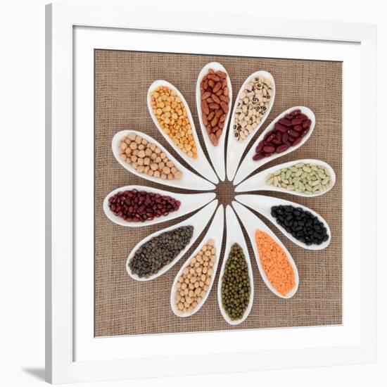 Pulses Vegetable Selection of Peas, Beans and Lentils in White Porcelain Bowls-marilyna-Framed Photographic Print