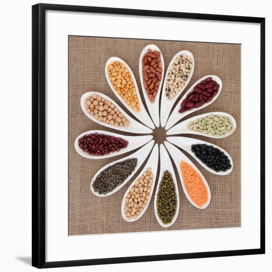 Pulses Vegetable Selection of Peas, Beans and Lentils in White Porcelain Bowls-marilyna-Framed Photographic Print