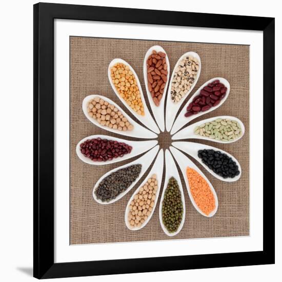 Pulses Vegetable Selection of Peas, Beans and Lentils in White Porcelain Bowls-marilyna-Framed Photographic Print