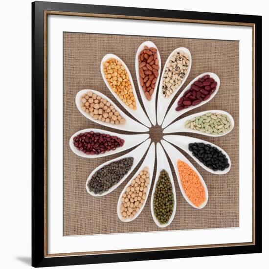 Pulses Vegetable Selection of Peas, Beans and Lentils in White Porcelain Bowls-marilyna-Framed Photographic Print