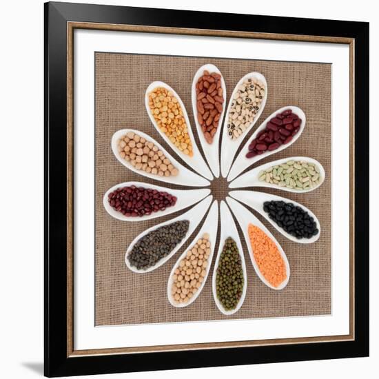 Pulses Vegetable Selection of Peas, Beans and Lentils in White Porcelain Bowls-marilyna-Framed Photographic Print