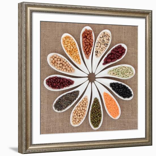 Pulses Vegetable Selection of Peas, Beans and Lentils in White Porcelain Bowls-marilyna-Framed Photographic Print