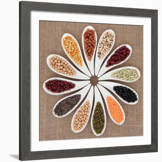 Pulses Vegetable Selection of Peas, Beans and Lentils in White Porcelain Bowls-marilyna-Framed Photographic Print