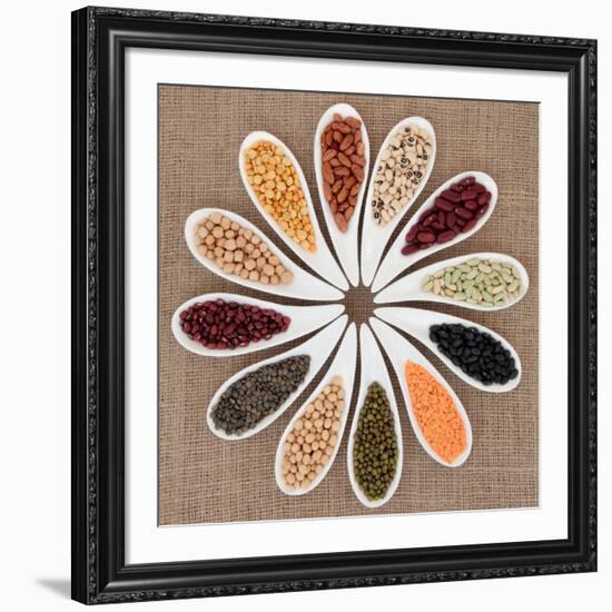 Pulses Vegetable Selection of Peas, Beans and Lentils in White Porcelain Bowls-marilyna-Framed Photographic Print