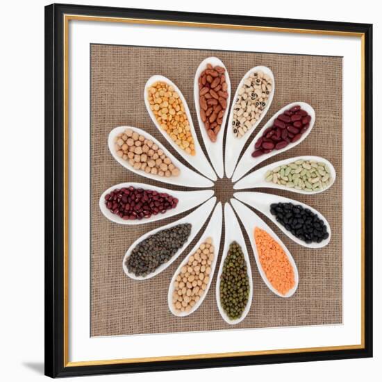 Pulses Vegetable Selection of Peas, Beans and Lentils in White Porcelain Bowls-marilyna-Framed Photographic Print