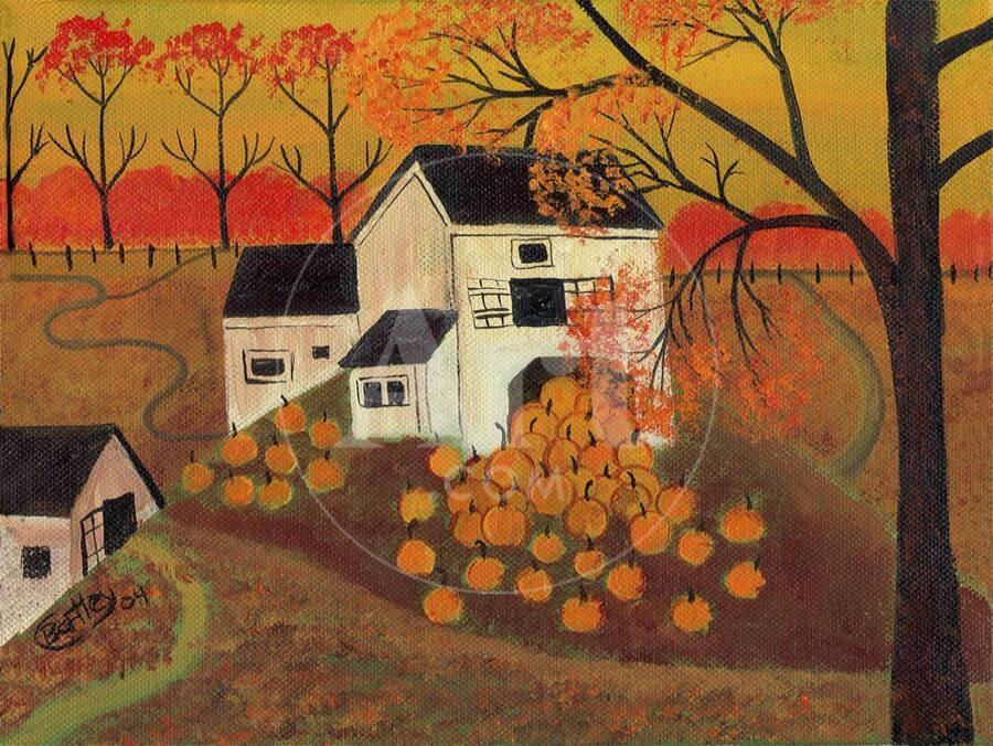 pumpkin barn autumn folk art cheryl bartley giclee print by cheryl