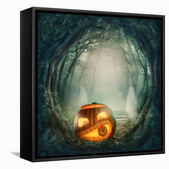 Pumpkin In Dark Forest-egal-Framed Stretched Canvas