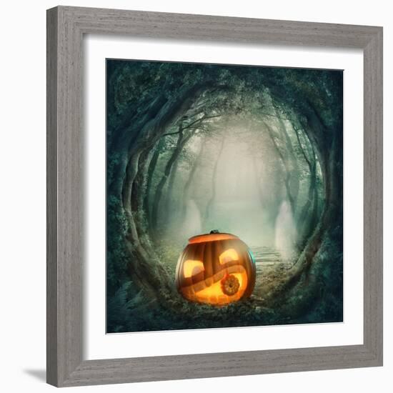 Pumpkin In Dark Forest-egal-Framed Art Print