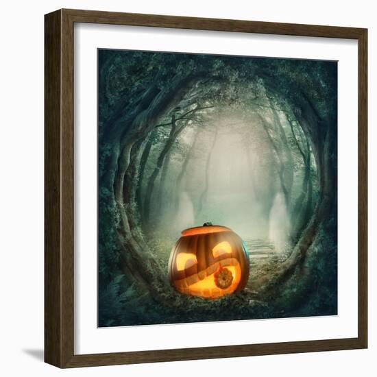 Pumpkin In Dark Forest-egal-Framed Art Print