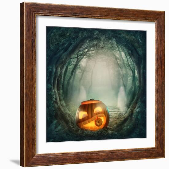 Pumpkin In Dark Forest-egal-Framed Art Print