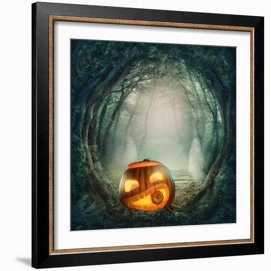 Pumpkin In Dark Forest-egal-Framed Art Print