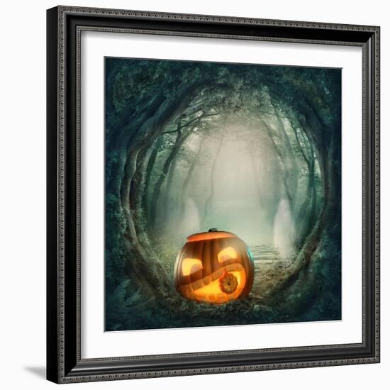 Pumpkin In Dark Forest-egal-Framed Art Print