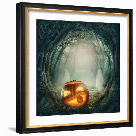 Pumpkin In Dark Forest-egal-Framed Art Print