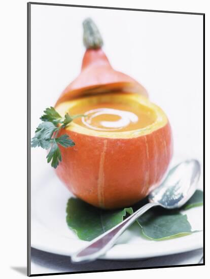 Pumpkin Soup with Creme Fraiche in Hollowed-Out Pumpkin-Brigitte Sporrer-Mounted Photographic Print