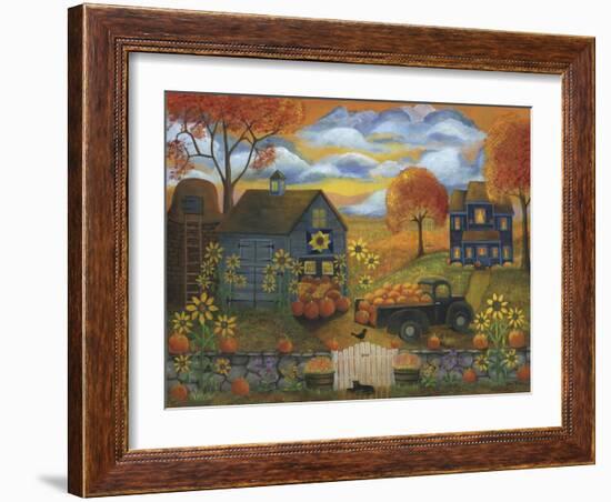 Pumpkins, Sunflowers, and Old Pick up Trucks-Cheryl Bartley-Framed Giclee Print