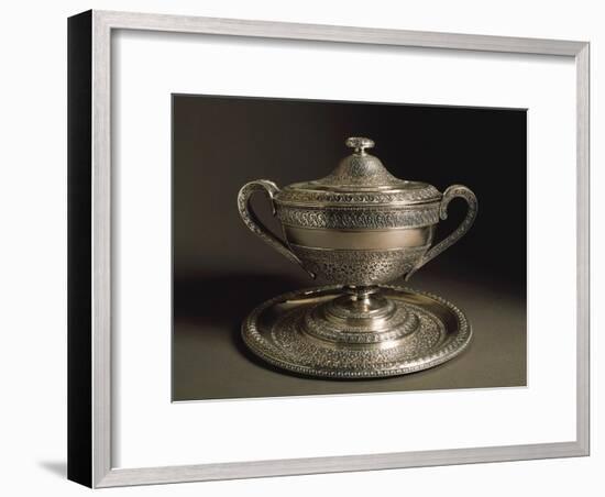 Punched Silver Tureen with Tray, Volute-Shaped Handles and Cover, 1849-null-Framed Giclee Print