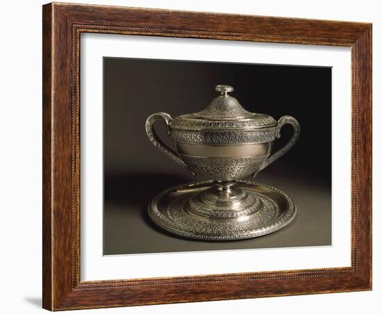 Punched Silver Tureen with Tray, Volute-Shaped Handles and Cover, 1849-null-Framed Giclee Print