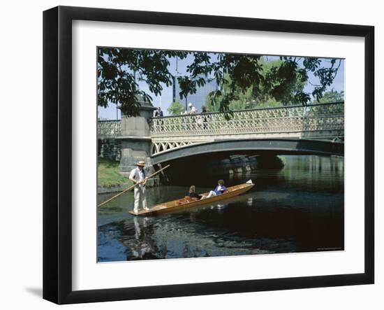 Punt on River Avon Going Under Bridge, Christchurch, Canterbury, South Island, New Zealand-Julian Pottage-Framed Photographic Print