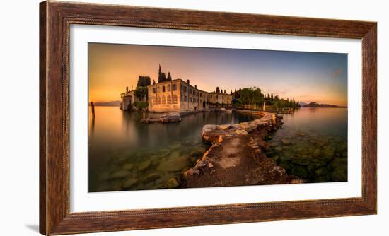 Punta San Vigilio harbor at Garda Lake mountains in background, Garda, Italy-null-Framed Photographic Print