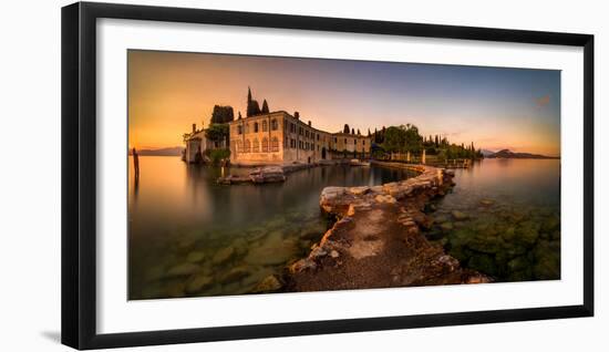 Punta San Vigilio harbor at Garda Lake mountains in background, Garda, Italy-null-Framed Photographic Print