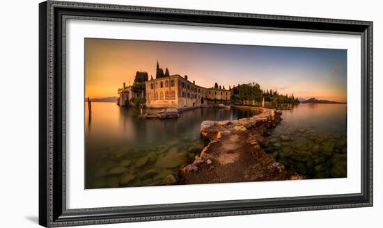 Punta San Vigilio harbor at Garda Lake mountains in background, Garda, Italy-null-Framed Photographic Print