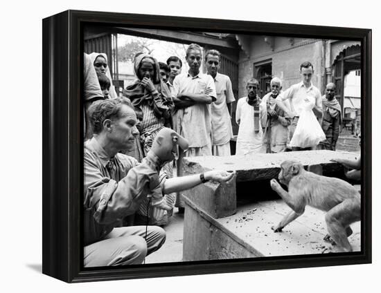 Puppeteer Bil Baird playing with a monkey, March 1962.-James Burke-Framed Premier Image Canvas