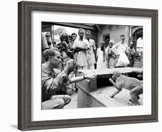 Puppeteer Bil Baird playing with a monkey, March 1962.-James Burke-Framed Premium Photographic Print